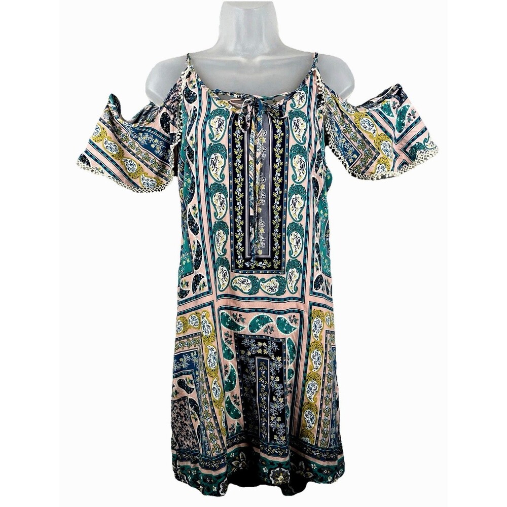 Kori America Patchwork Look Dress Women's L Lined 100% Rayon Boho Paisley Fairy
